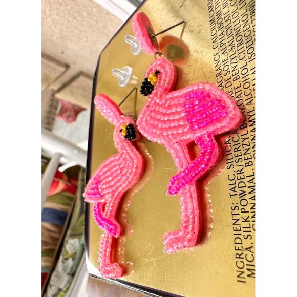 Flamingo Earrings Beaded Dangle Post Pink Statement Jewelry New Caribbea… - Picture 9 of 12